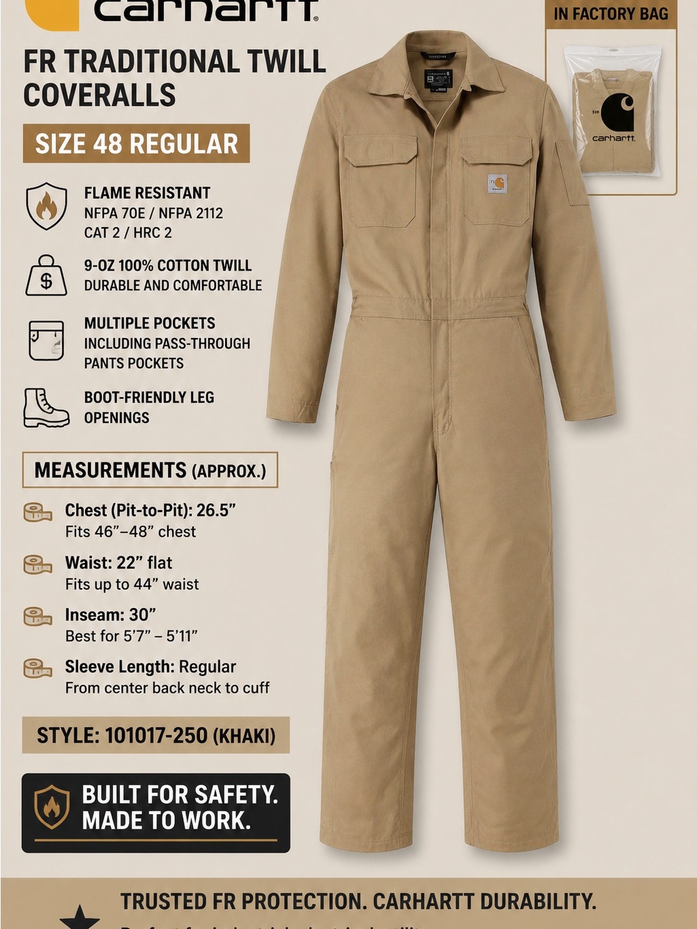 Carhartt FR Traditional Twill Coveralls – Size 48 Regular